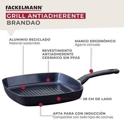 Fackelmann Brandao Grelhador Antiaderente 28 cm, Alumínio Reciclado e Cabo de Baquelite, Revestimento Cerâmico CK2 sem PFA, Adequado para Indução, Vitrocerâmica, Gás e Forno, Cabo Ergonómico, 1 un.