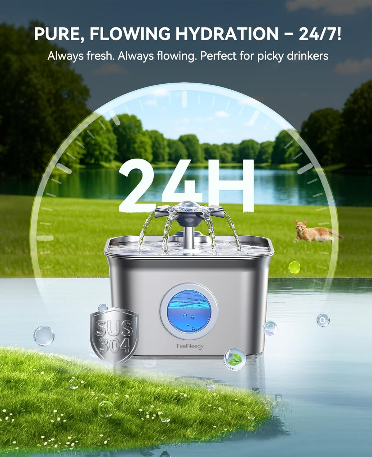 2,8 l Fonte para gatos aço inoxidável com 3 filtros, FEELNEEDY Bebedor de gatos ultra silencioso, filtragem de quatro camadas, fácil de limpar, adequada para máquina de lavar louça |