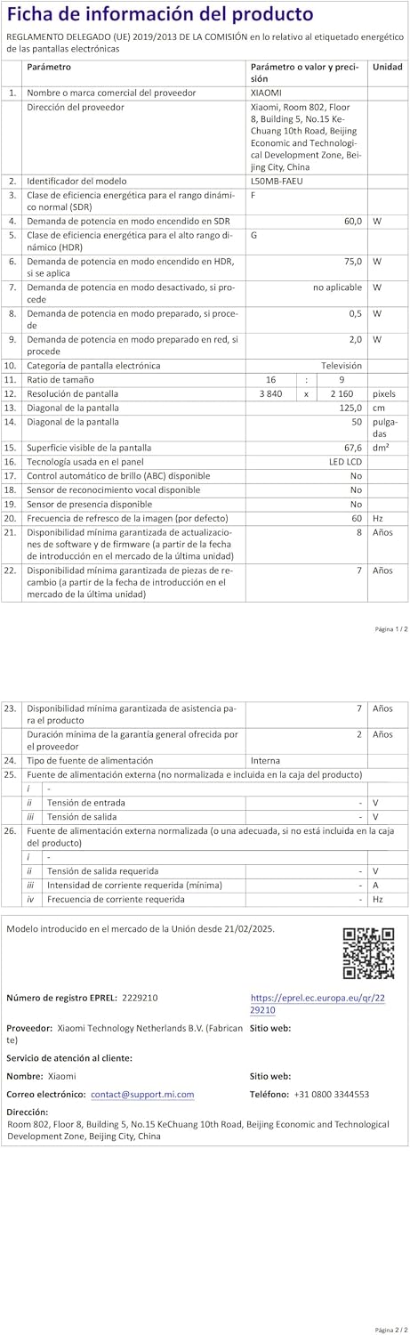 Xiaomi TV F 50, 50 polegadas (127 cm), 4K UHD, Smart TV, Fire OS8 [Classe energética F] Triplo sintonizador DVB-C/S/S2/T/T2, 60 Hz com 120 Hz Game Boost, controlo de voz com Alexa