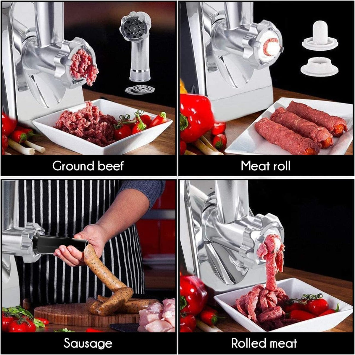Edihome, Moedor de carne elétrico, marcha de avanço e retrocesso, máquina de picar carne profissional, 2200 W, multifuncional com 3 placas de corte e embutidor de salsichas (branco e preto)