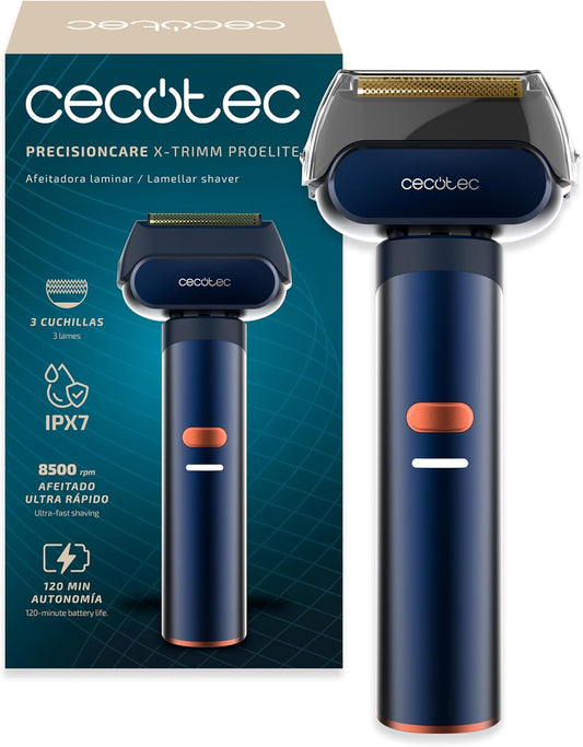 Cecotec Máquina de Barbear Laminar Waterproof PrecisionCare X-Trimm ProElite. Alumínio, 8500 rpm, 3 lâminas de titânio, 3 velocidades, autonomia 2h, IPX7, ideal para viagens, bloqueio de segurança