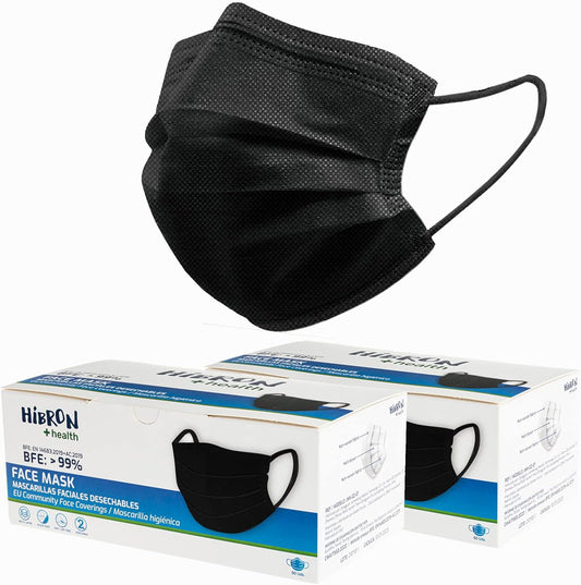 HIBRON 100 Máscaras Pretas Higiénicas Descartáveis Homologadas CWA 17553: 2020, BFE > 99%.