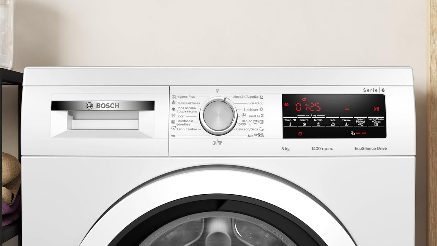 Bosch Máquina de lavar roupa, instalação livre, 8 kg, série 6, EcoSilence, branco, WUU28T63ES | Cuide das suas roupas e da sua casa com o motor EcoSilence para uma lavagem discreta e eficiente. [Classe energética A]