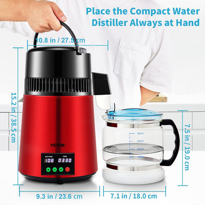 VEVOR Destilador de água 4 L filtro de destilação de água com recipiente de vidro 750 W 1 L/H