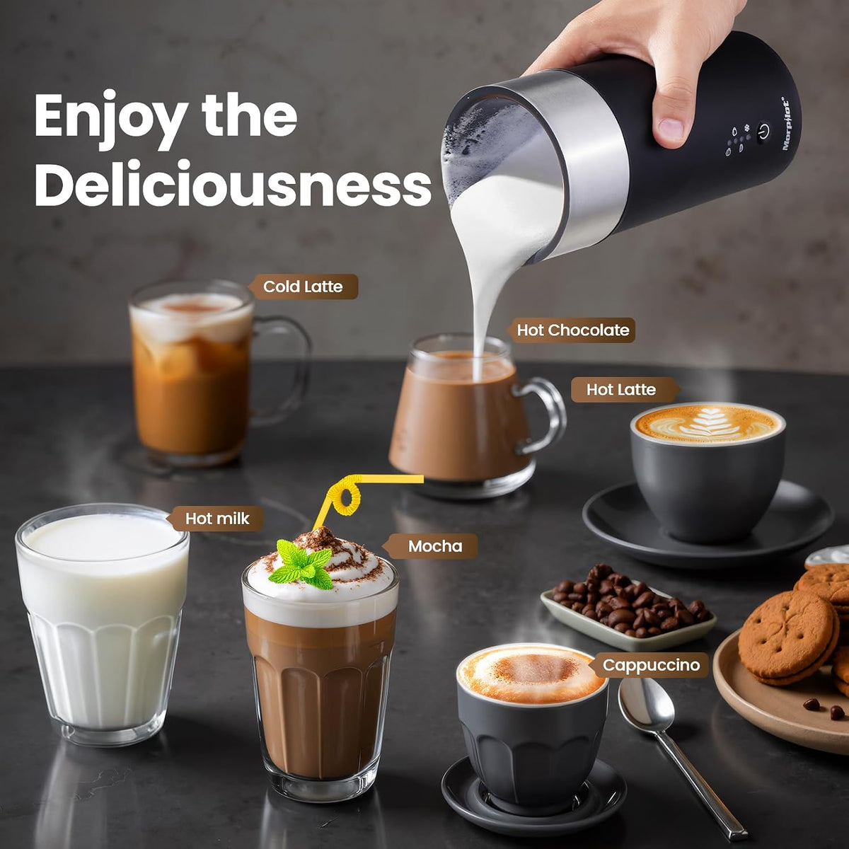Morpilot Espumador de leite elétrico 4 em 1, espuma fria e quente e aquecedor de leite para café com leite, capuchinhos, macchiato, 400 W, 240 ml