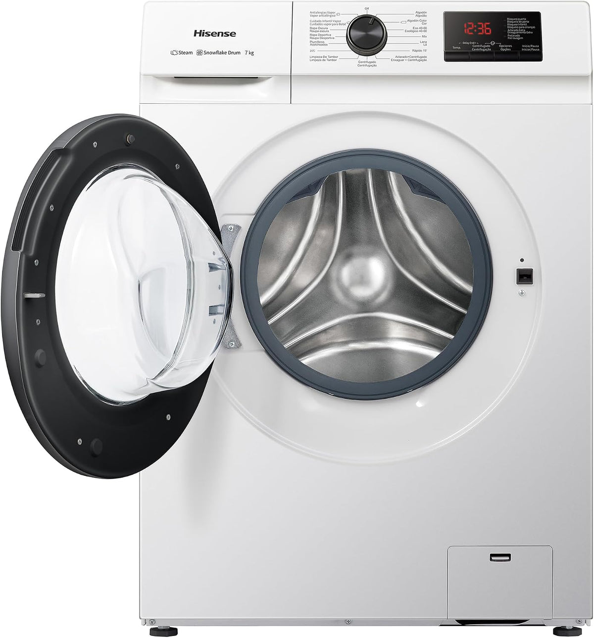 Hisense WFVB7012EM Máquina de lavar a vapor, carregamento frontal de 7 kg, 1200 rpm, 15 programas, controlo inteligente de oscilação de bateria, Display LED, programa rápido, branco [Classe energética D]