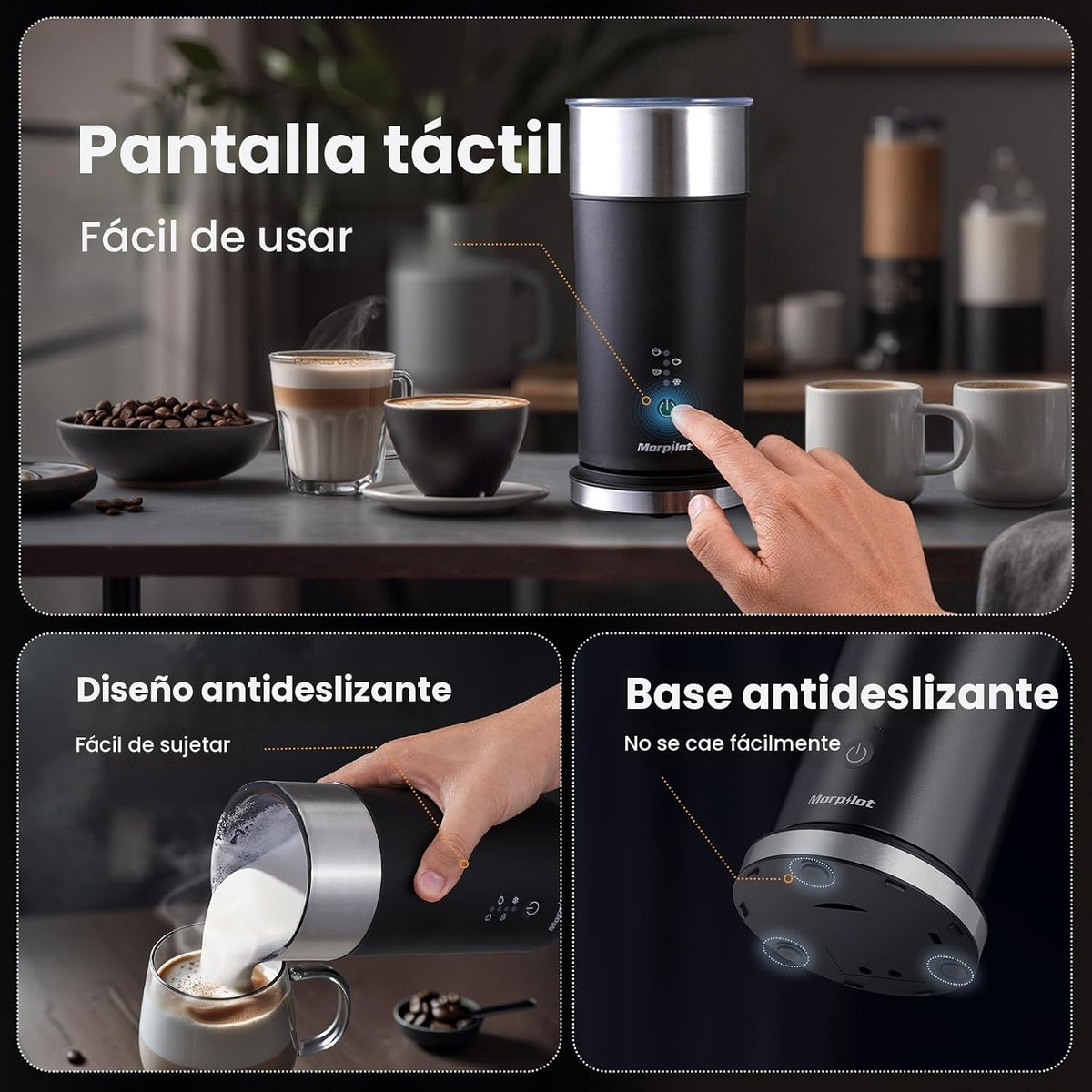 Morpilot Espumador de leite elétrico 4 em 1, espuma fria e quente e aquecedor de leite para café com leite, capuchinhos, macchiato, 400 W, 240 ml