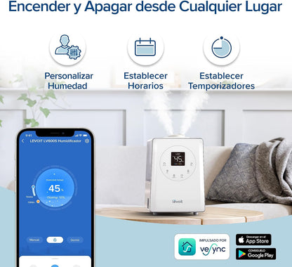 LEVOIT Humidificador Top-Fill 6L para Bebés, Névoa Fria e Quente com Aromaterapia por 36H e 40-70m², Modo de Sono Silencioso 25dB, Controle Inteligente Compatível com Alexa e APP, Temporizador, Branco