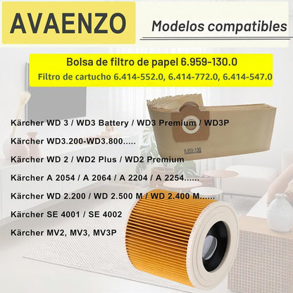 12 Bolsas 6.959-130.0 + 1 Filtro de cartucho 6.414-552.0 para aspiradoras Kärcher WD3 WD3 Premium MV3 SE 4001 SE 4002 WD3.200 Marca: AVAENZO