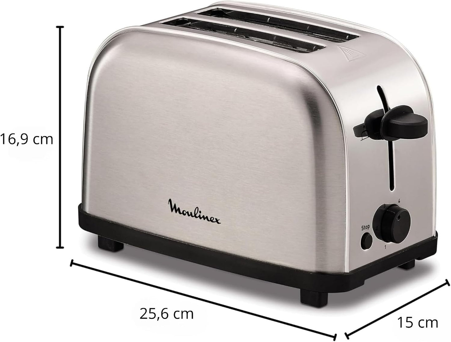 Moulinex Classic LT330D Torradeira de aço inoxidável, 2 ranhuras curtas para 2 fatias de pão, 6 posições de torrado com função Stop e bandeja de recolha, adequado para todos os tipos de pão