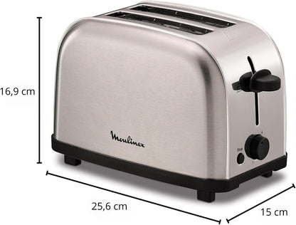 Moulinex Classic LT330D Torradeira de aço inoxidável, 2 ranhuras curtas para 2 fatias de pão, 6 posições de torrado com função Stop e bandeja de recolha, adequado para todos os tipos de pão