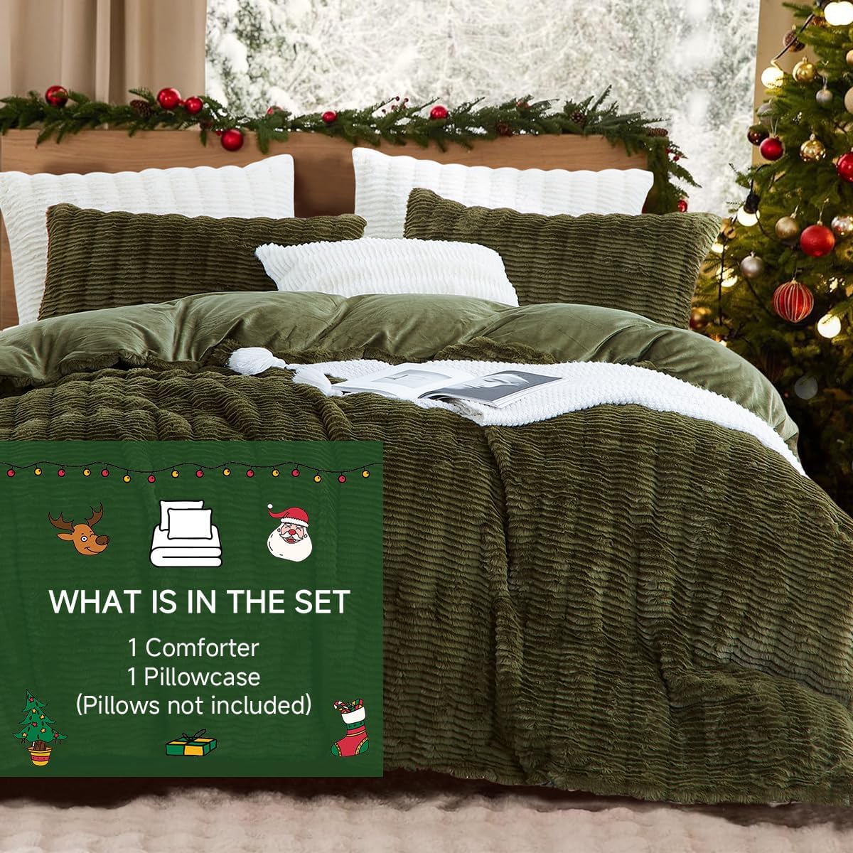 Roupa de cama de pelúcia de 155 x 220 cm, cor verde escuro, macia, de pelo comprido, de inverno, quente e aconchegante, flanela polar, toque de caxemira, capa nórdica com fecho de correr e 1 capa de