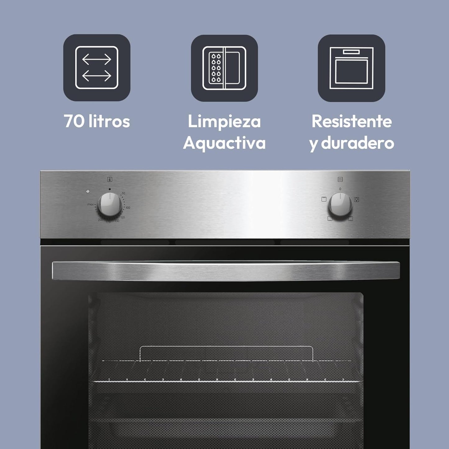 Candy Idea FIDCP X200, forno estático, 70 l, 2400 W, 1 bandeja e 1 grelha, limpeza Aquactiva, 4 funções, 2 comandos mecânicos, porta de vidro duplo, inoxidável e preto [Classe energética A]