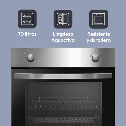 Candy Idea FIDCP X200, forno estático, 70 l, 2400 W, 1 bandeja e 1 grelha, limpeza Aquactiva, 4 funções, 2 comandos mecânicos, porta de vidro duplo, inoxidável e preto [Classe energética A]