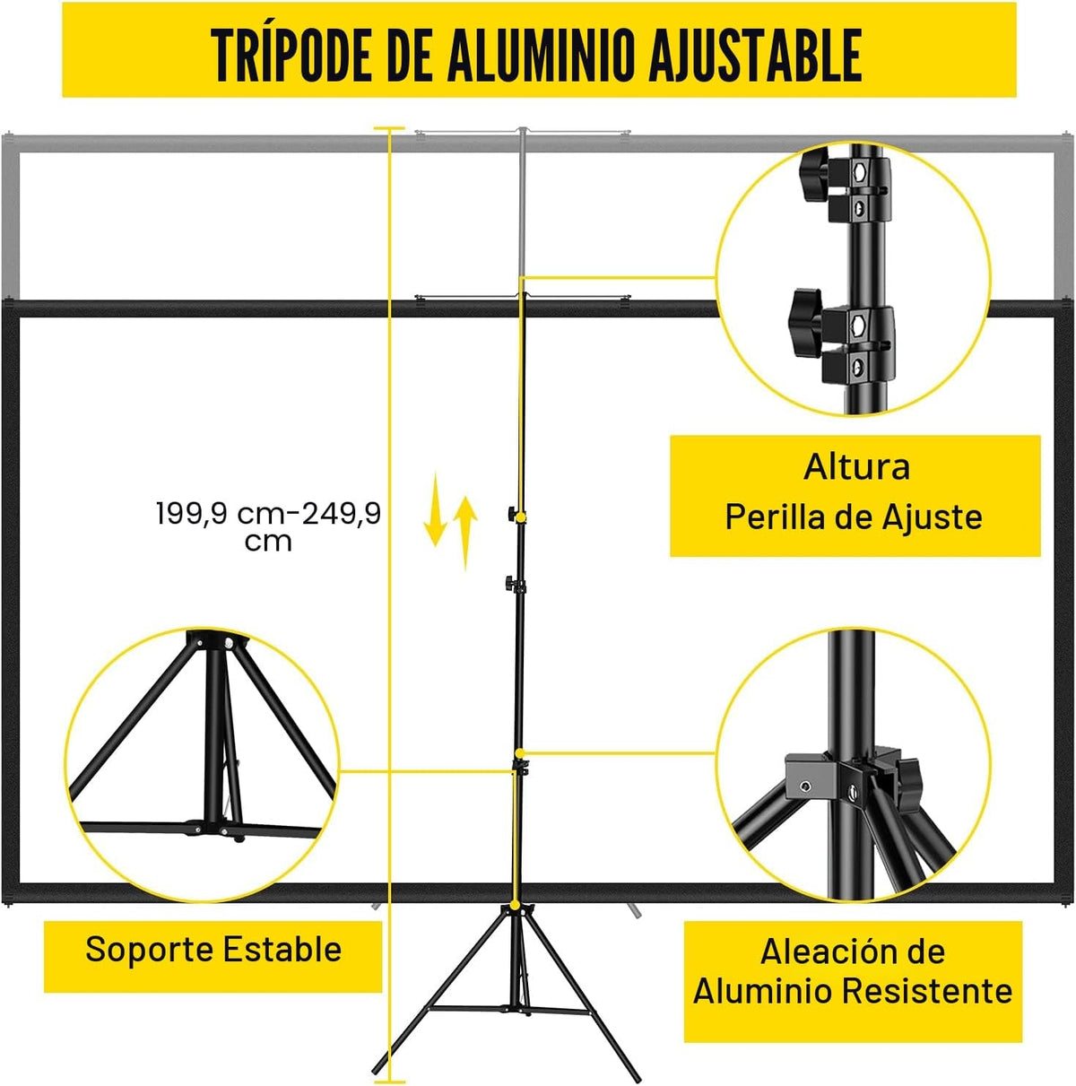 VEVOR Pantalla para Proyector 100" 16:9 4K HD con Trípode Altura Ajustable 200-250 cm Portátil 227x127 cm para Cine en Casa Presentación, Negro