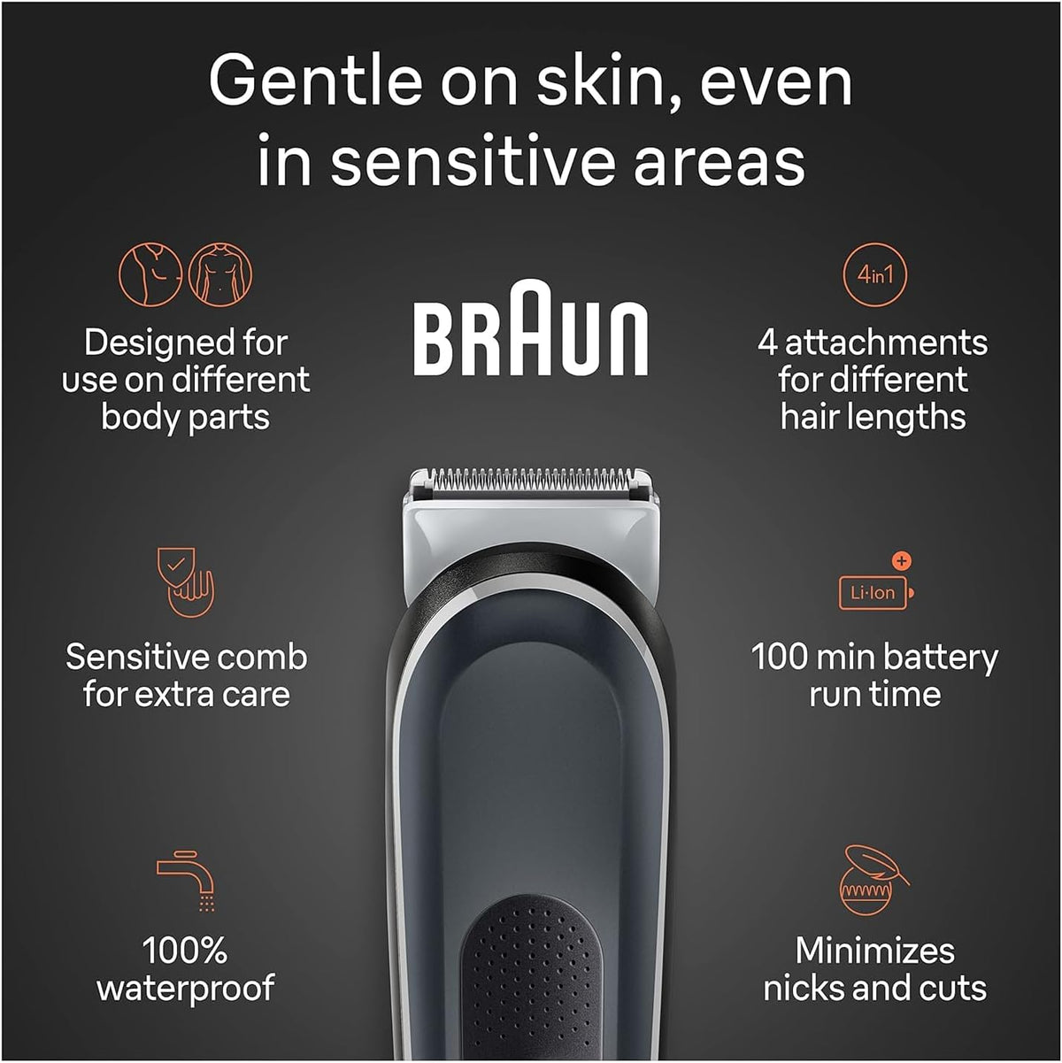 Braun Body Groomer Series 5 5360, aparador corporal para homens, para peito, axilas, virilha, tecnologia SkinSecure para uso suave e acessório de barbear limpo, impermeável, sem fio com tempo de