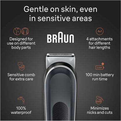 Braun Body Groomer Series 5 5360, aparador corporal para homens, para peito, axilas, virilha, tecnologia SkinSecure para uso suave e acessório de barbear limpo, impermeável, sem fio com tempo de