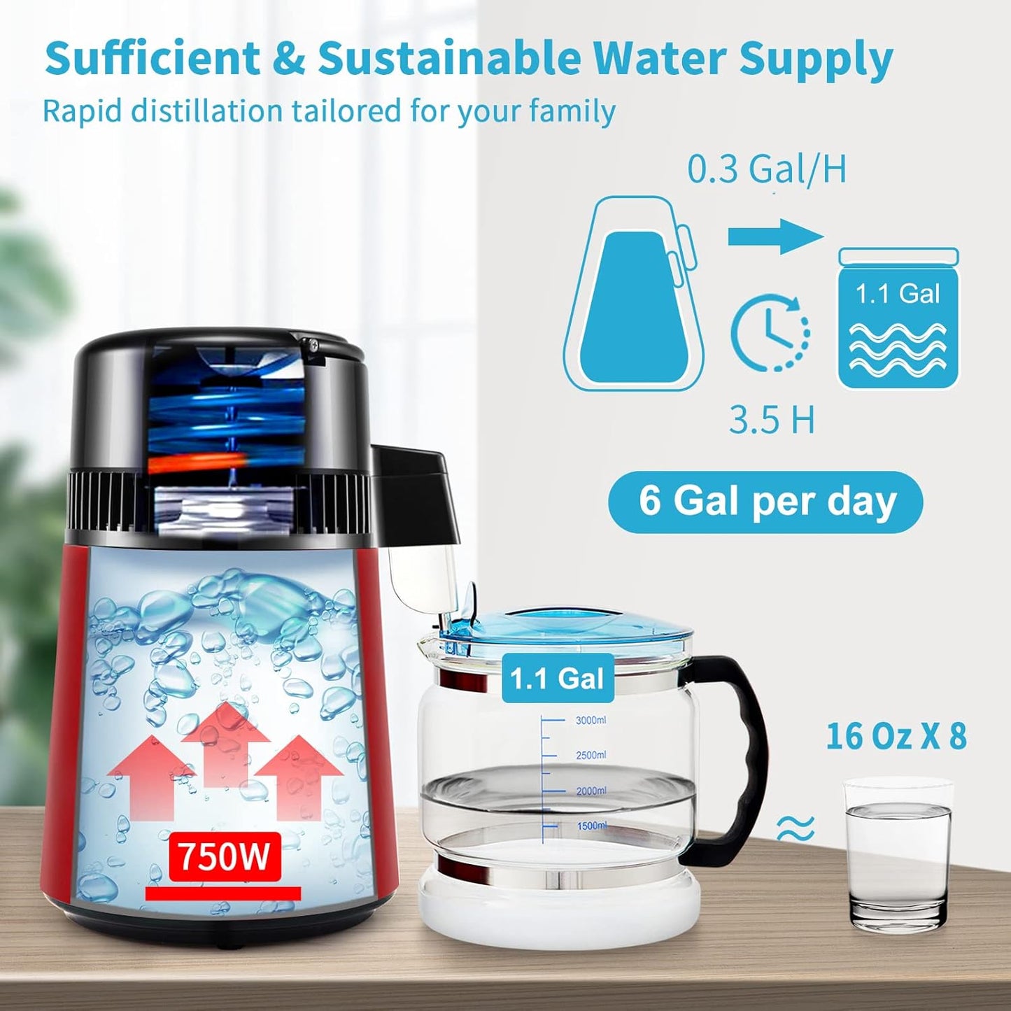 VEVOR Destilador de água 4 L filtro de destilação de água com recipiente de vidro 750 W 1 L/H