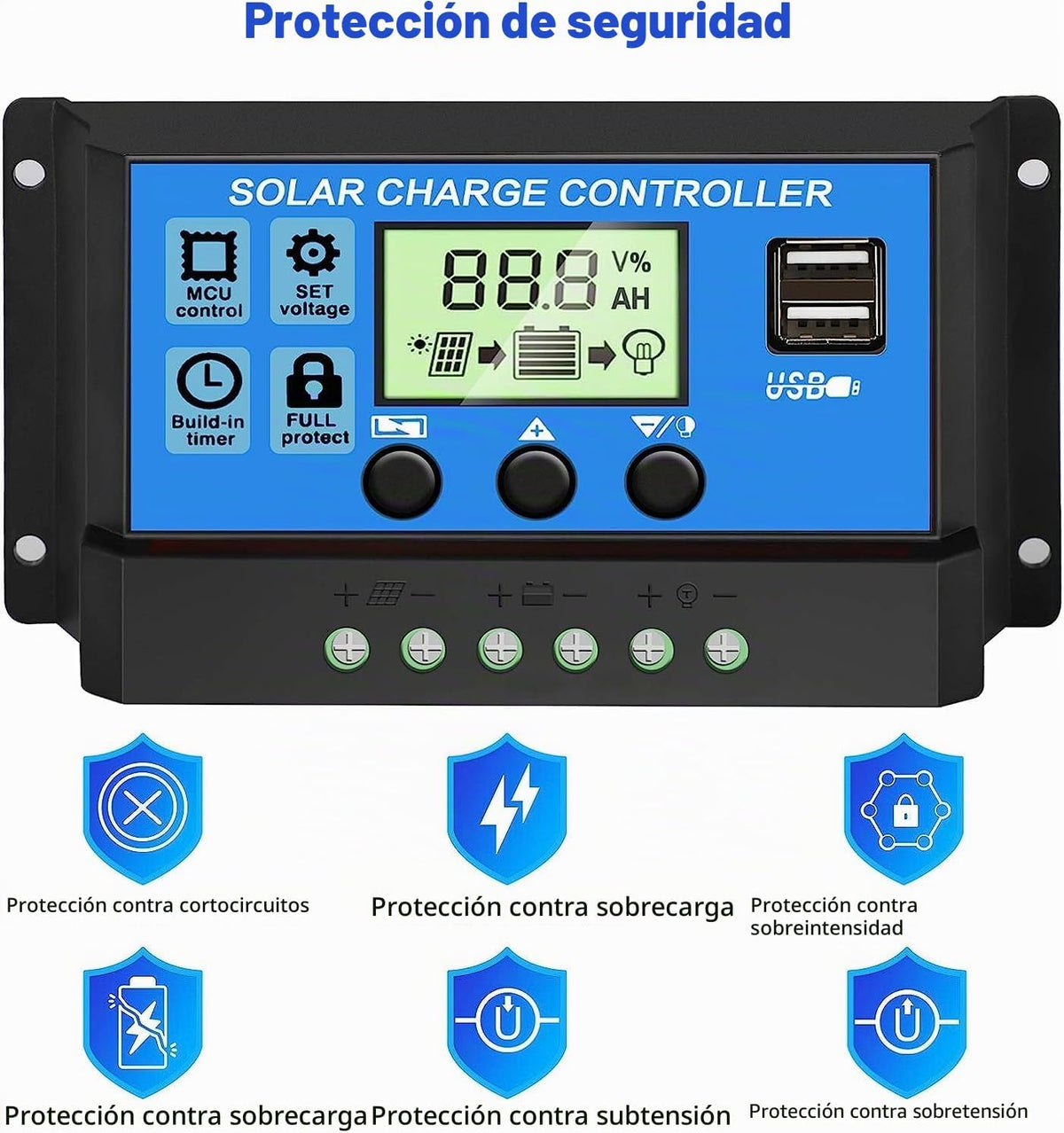 Controlador de carregamento solar PWM de 30A [Atualizado], regulador de placa solar de 12V/24V com ecrã LCD ajustável, porta USB dupla, configuração do temporizador, parâmetro automático