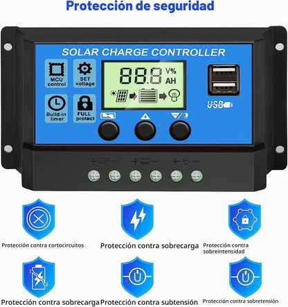 Controlador de carregamento solar PWM de 30A [Atualizado], regulador de placa solar de 12V/24V com ecrã LCD ajustável, porta USB dupla, configuração do temporizador, parâmetro automático