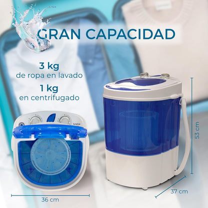 briebe Camp Mini Máquina de Lavar Portátil com Centrifugação, Camping, Capacidade de Roupa 3Kg, Ideal para Viagens, Caravanas Camper e Autocaravanas, Carga Superior, Baixo Consumo de Água e Energia [Classe energética A]