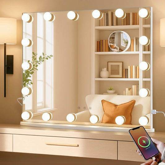 LUXFURNI - Espelho de trocador de Hollywood de 26 x 21 polegadas com luzes, 18 lâmpadas LED com iluminação, espelho de maquilhagem iluminado de 3 cores, mesa e montagem na parede, espelho de aumento