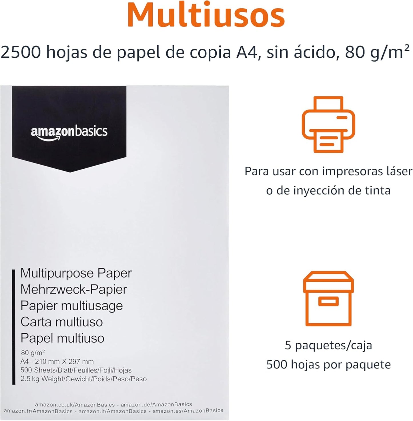Amazon Basics Papel multiusos para impressora A4 80 g/m², 2500 Unidades, 5 Pacotes de 500, Branco