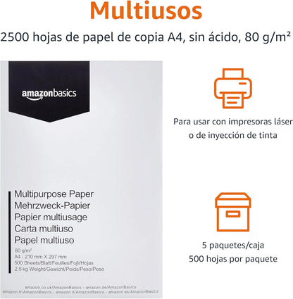 Amazon Basics Papel multiusos para impressora A4 80 g/m², 2500 Unidades, 5 Pacotes de 500, Branco