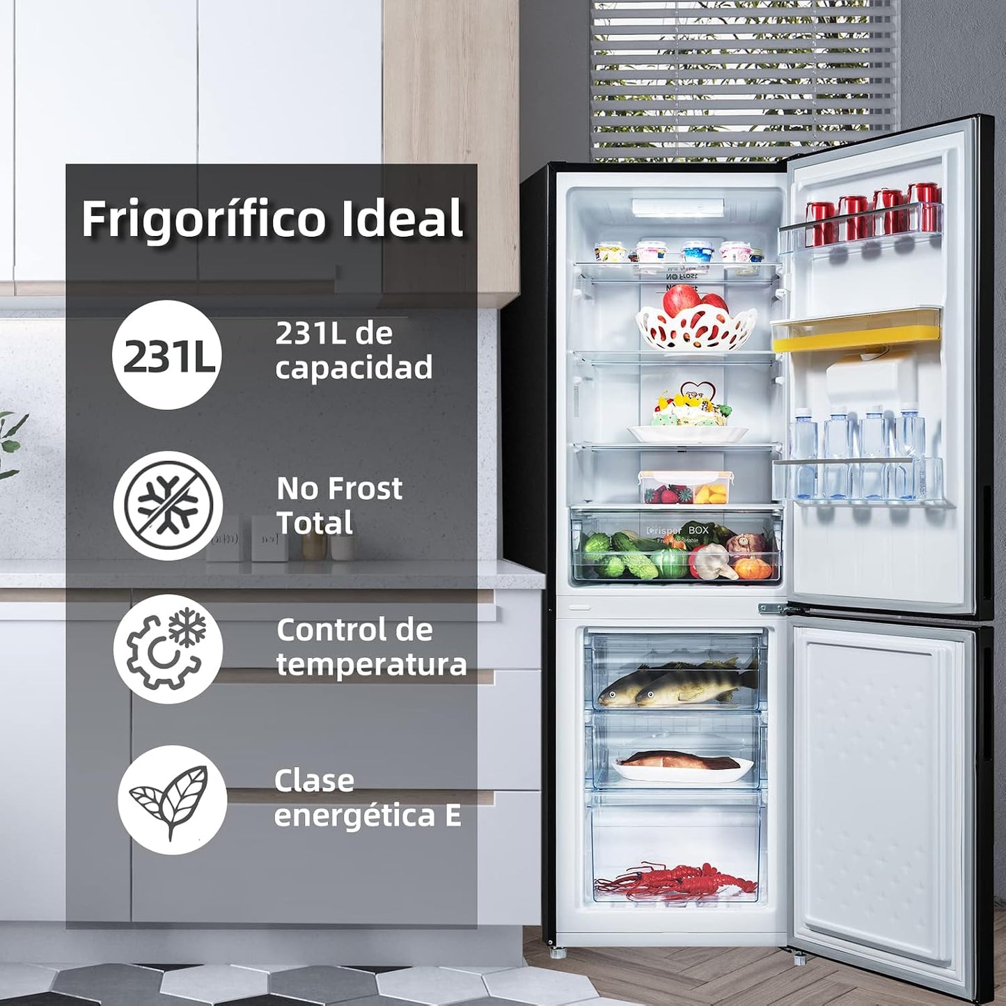 CHiQ FBM228NE4DE frigorífico independente com congelador, combinação de frigorífico e congelador 231 l, sem geada, fluxo de ar múltiplo, dispensador de água, 170 cm de altura [Classe energética E]