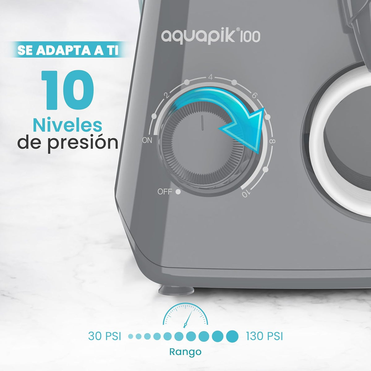 Irrigador dental de mesa Aquapik 100® – Limpeza bucal profunda com 10 níveis de pressão, 9 boquilhas, depósito de 600 ml, ideal para gengivas sensíveis, ortodontia, pontes e implantes. (Cinza)
