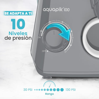 Irrigador dental de mesa Aquapik 100® – Limpeza bucal profunda com 10 níveis de pressão, 9 boquilhas, depósito de 600 ml, ideal para gengivas sensíveis, ortodontia, pontes e implantes. (Cinza)