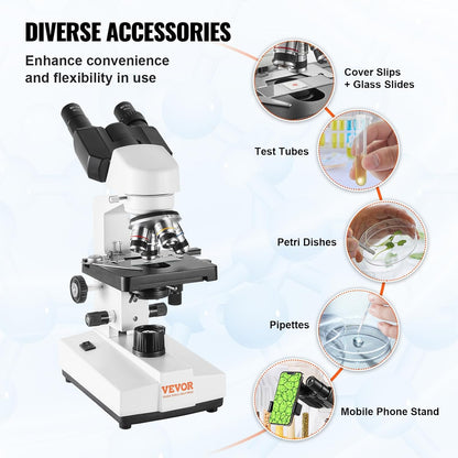 VEVOR Microscópio Composto Binocular 40X-2500X com Biologia de Estágio de 2 Camadas