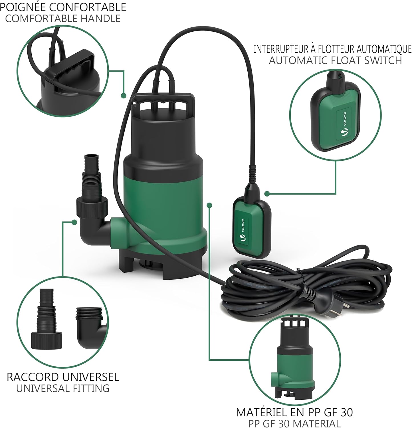 VOUNOT® Bomba submersível, bombas de água sujas, 750 W, fluxo máximo de 14000 l/h,