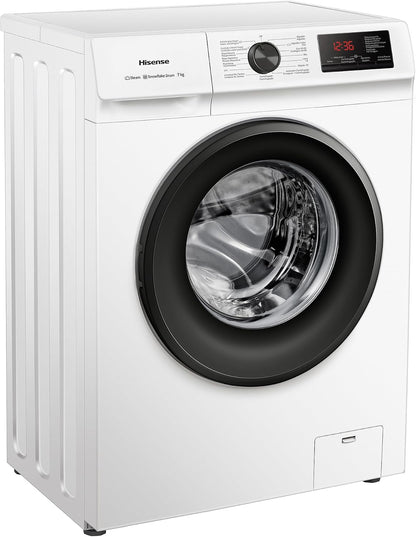 Hisense WFVB7012EM Máquina de lavar a vapor, carregamento frontal de 7 kg, 1200 rpm, 15 programas, controlo inteligente de oscilação de bateria, Display LED, programa rápido, branco [Classe energética D]