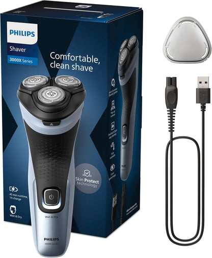 Philips Série X3000 Afeitadora Elétrica para Homem, Máquina de Barbear com Cortapatillas, 27 lâminas, Cuida da pele, 45 minutos de uso, Para Seco e Húmido, Recarrregável, X3053/00, Azul
