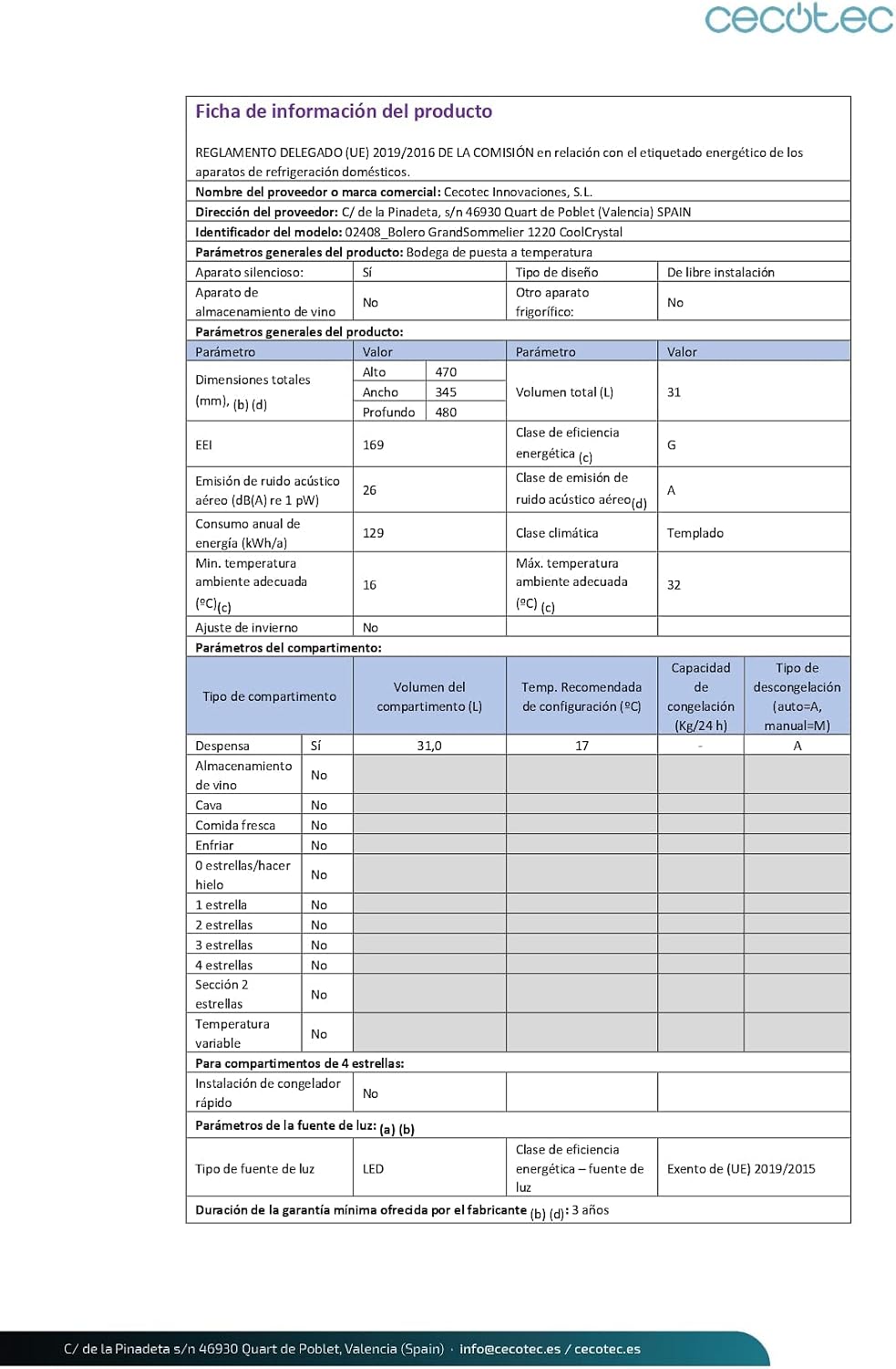 Cecotec Vinoteca de 12 Garrafas Bolero GrandSommelier 1220 CoolCrystal. 31 Litros, Sistema Termoeléctrico de Refrigeração, Alto Desempenho, Temperatura Regulável, Luz LED Interior [Classe energética G]