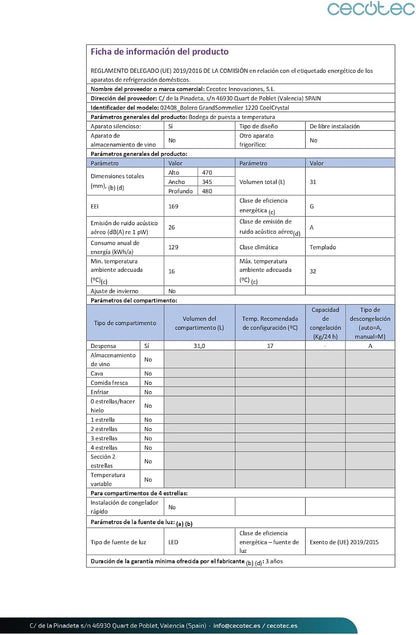 Cecotec Vinoteca de 12 Garrafas Bolero GrandSommelier 1220 CoolCrystal. 31 Litros, Sistema Termoeléctrico de Refrigeração, Alto Desempenho, Temperatura Regulável, Luz LED Interior [Classe energética G]