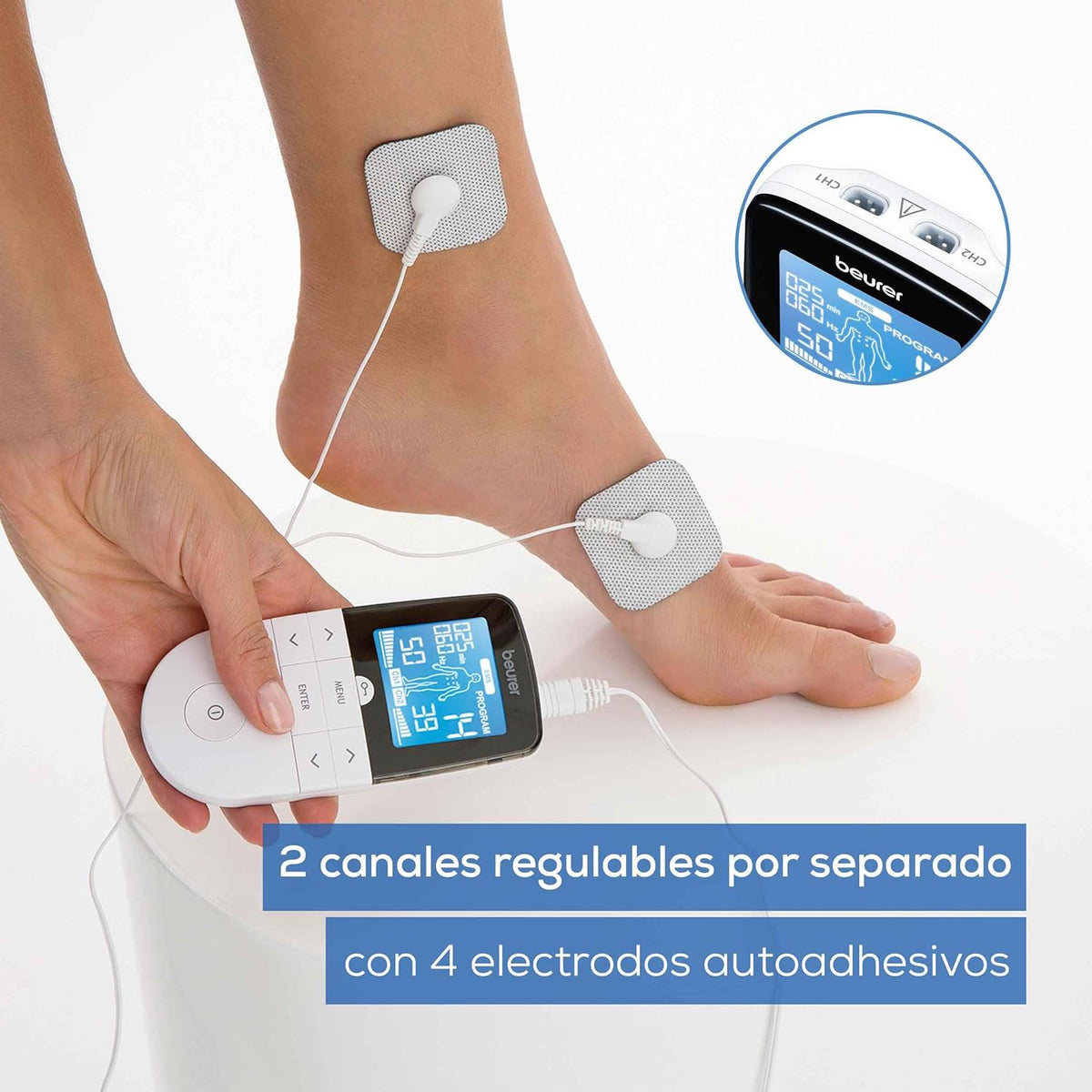 Beurer EM 49 TENS/EMS digital, dispositivo de corrente de estimulação 3 em 1 para alívio da dor e treino, função de massagem, inclui 4 eletrodos, cor branca