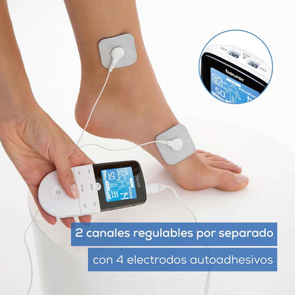 Beurer EM 49 TENS/EMS digital, dispositivo de corrente de estimulação 3 em 1 para alívio da dor e treino, função de massagem, inclui 4 eletrodos, cor branca