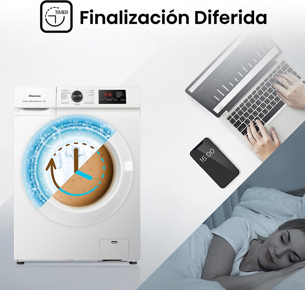 Hisense WFVB7012EM Máquina de lavar a vapor, carregamento frontal de 7 kg, 1200 rpm, 15 programas, controlo inteligente de oscilação de bateria, Display LED, programa rápido, branco [Classe energética D]
