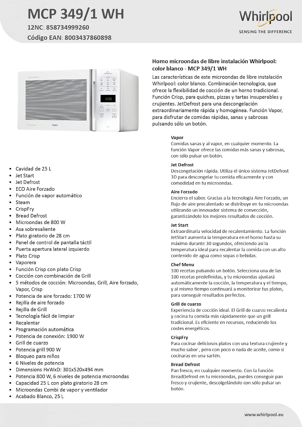 Whirlpool MCP 349/1, WH Forno microondas, instalação gratuita, CHEF PLUS, 25 L de cave, MW-Combi, Touch Control Sensor, potência MWO 800 W, potência de brilho 900 W, cor branca