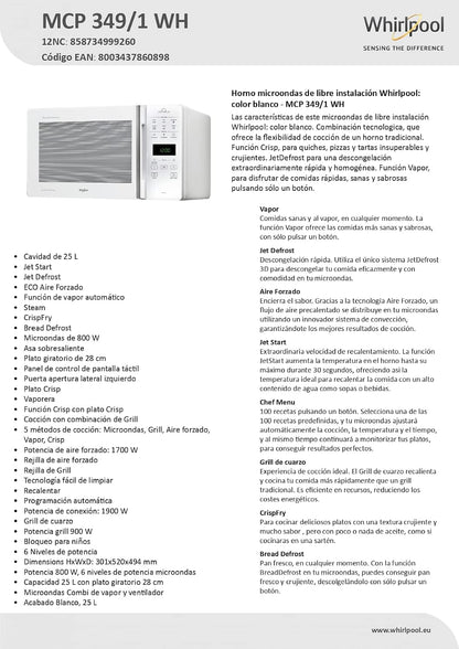 Whirlpool MCP 349/1, WH Forno microondas, instalação gratuita, CHEF PLUS, 25 L de cave, MW-Combi, Touch Control Sensor, potência MWO 800 W, potência de brilho 900 W, cor branca