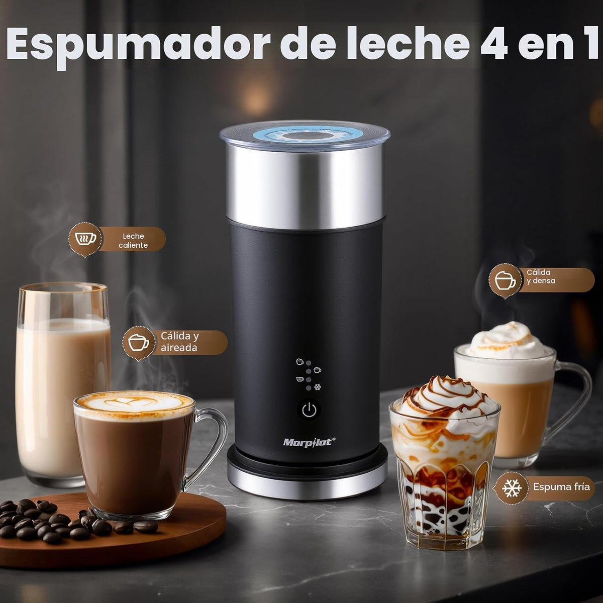 Morpilot Espumador de leite elétrico 4 em 1, espuma fria e quente e aquecedor de leite para café com leite, capuchinhos, macchiato, 400 W, 240 ml
