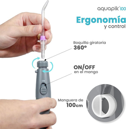 Irrigador dental de mesa Aquapik 100® – Limpeza bucal profunda com 10 níveis de pressão, 9 boquilhas, depósito de 600 ml, ideal para gengivas sensíveis, ortodontia, pontes e implantes. (Cinza)