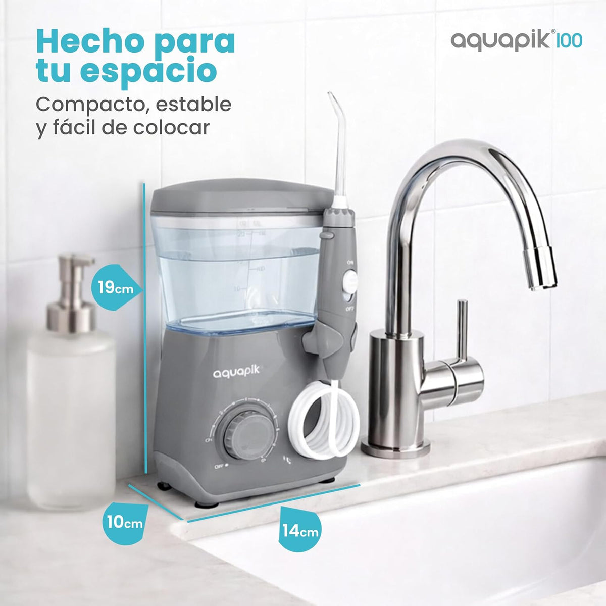 Irrigador dental de mesa Aquapik 100® – Limpeza bucal profunda com 10 níveis de pressão, 9 boquilhas, depósito de 600 ml, ideal para gengivas sensíveis, ortodontia, pontes e implantes. (Cinza)