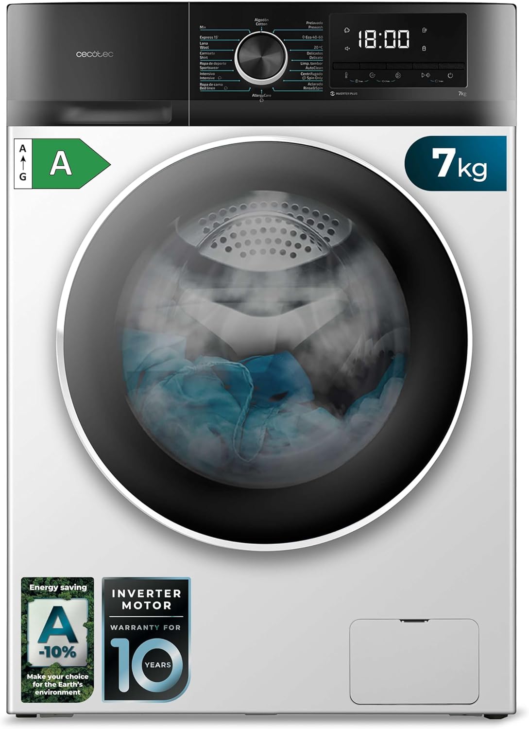 Cecotec Máquina de lavar 7Kg Carregamento frontal Bolero Dresscode 7500 Inverter A. 1850W, 1400 rpm, Motor Inverter Plus, Baixo Consumo, 16 Programas, SteamMax, Início Diferido, Branco [Classe energética A]