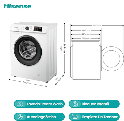 Hisense WFVB7012EM Máquina de lavar a vapor, carregamento frontal de 7 kg, 1200 rpm, 15 programas, controlo inteligente de oscilação de bateria, Display LED, programa rápido, branco [Classe energética D]