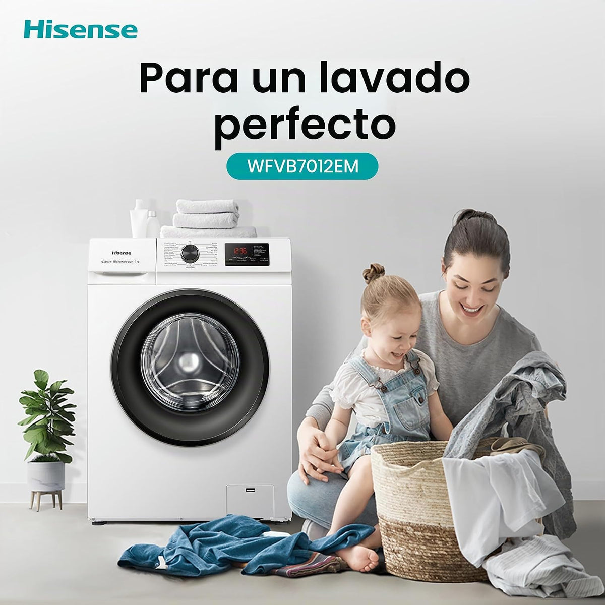 Hisense WFVB7012EM Máquina de lavar a vapor, carregamento frontal de 7 kg, 1200 rpm, 15 programas, controlo inteligente de oscilação de bateria, Display LED, programa rápido, branco [Classe energética D]