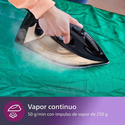 Philips Azur 7000 Series Ferro a vapor, 2800 W, 50 g/min vapor contínuo, 250 g de golpe a vapor, vapor vertical, sola SteamGlide Elite, preto/dourado (DST7040/80)