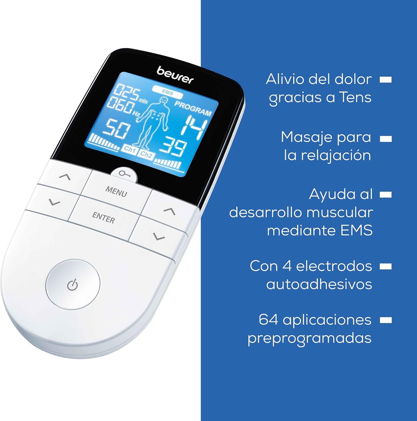 Beurer EM 49 TENS/EMS digital, dispositivo de corrente de estimulação 3 em 1 para alívio da dor e treino, função de massagem, inclui 4 eletrodos, cor branca